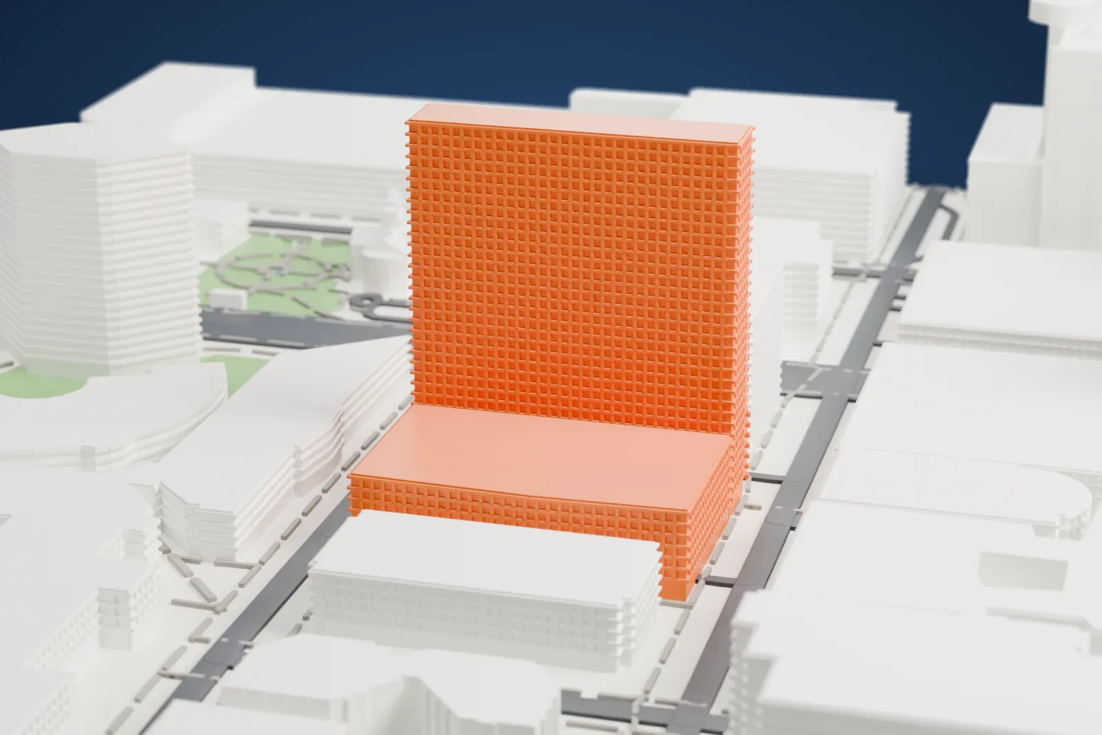 A white 3D print of Sheraton Phoenix Downtown, a tall slab tower with a curved top edge rising from a lower podium, between wide streets and nearby buildings.