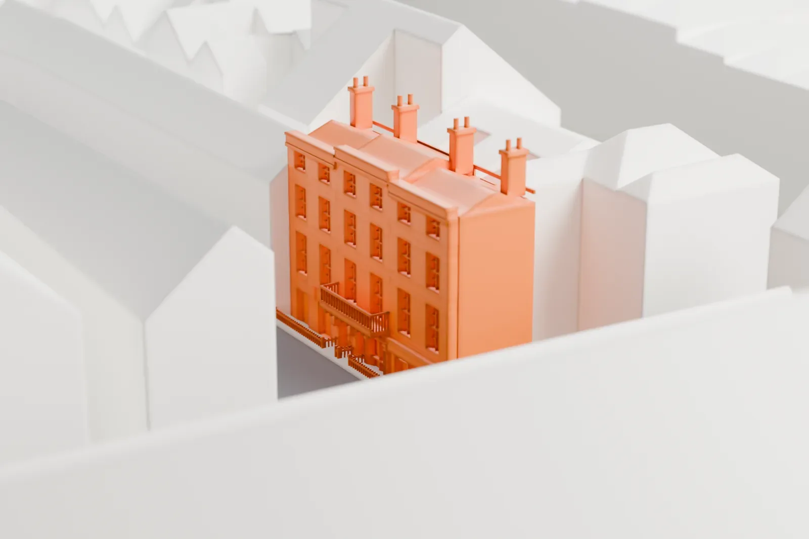 A white 3D print of the Sherlock Holmes Museum, a Georgian town house in a terrace, among the surrounding streets and buildings of London.