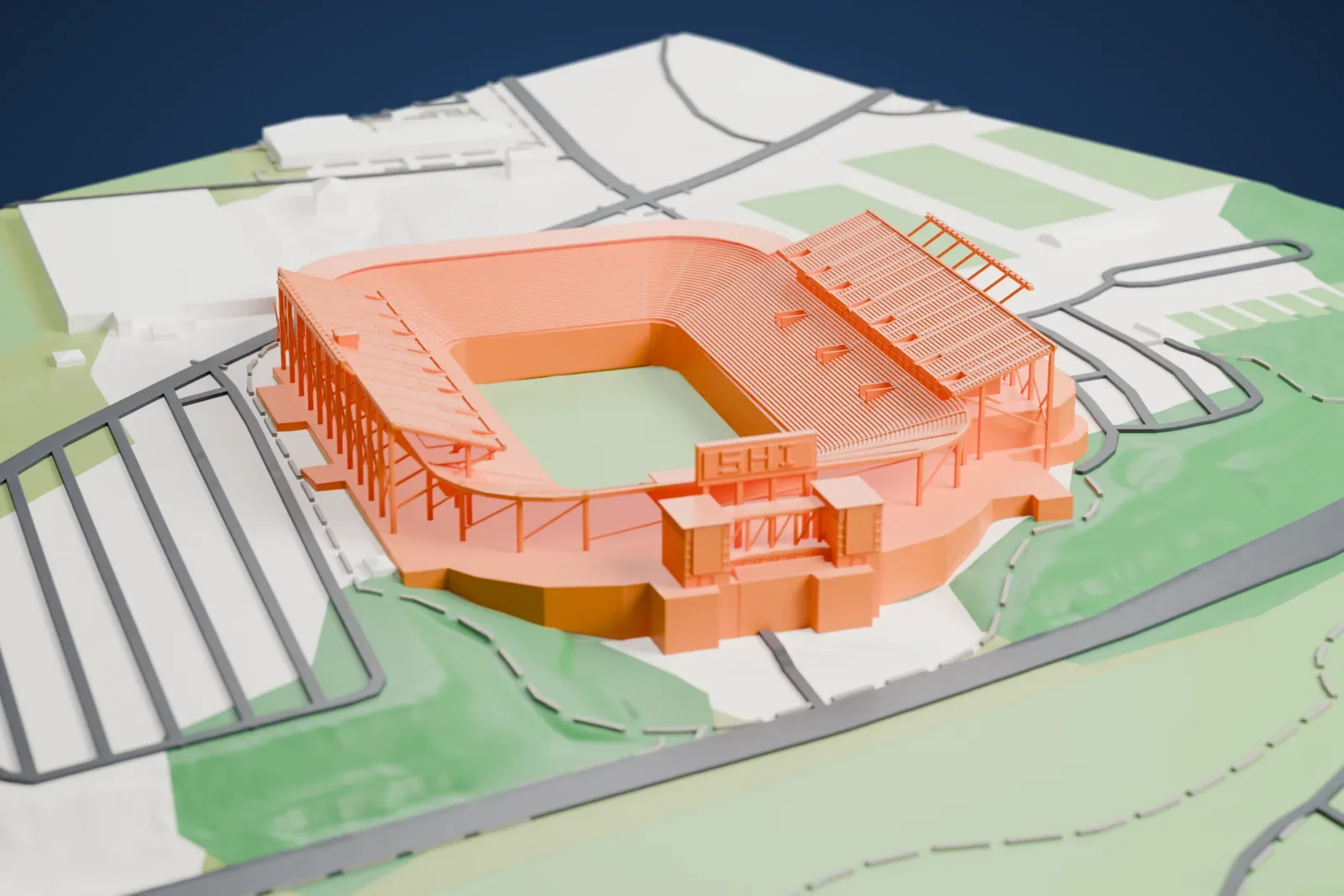 A white 3D print of SHI Stadium, an open horseshoe-shaped football stadium with roof frames over its side stands, surrounded by parking lots, roads and green ground.