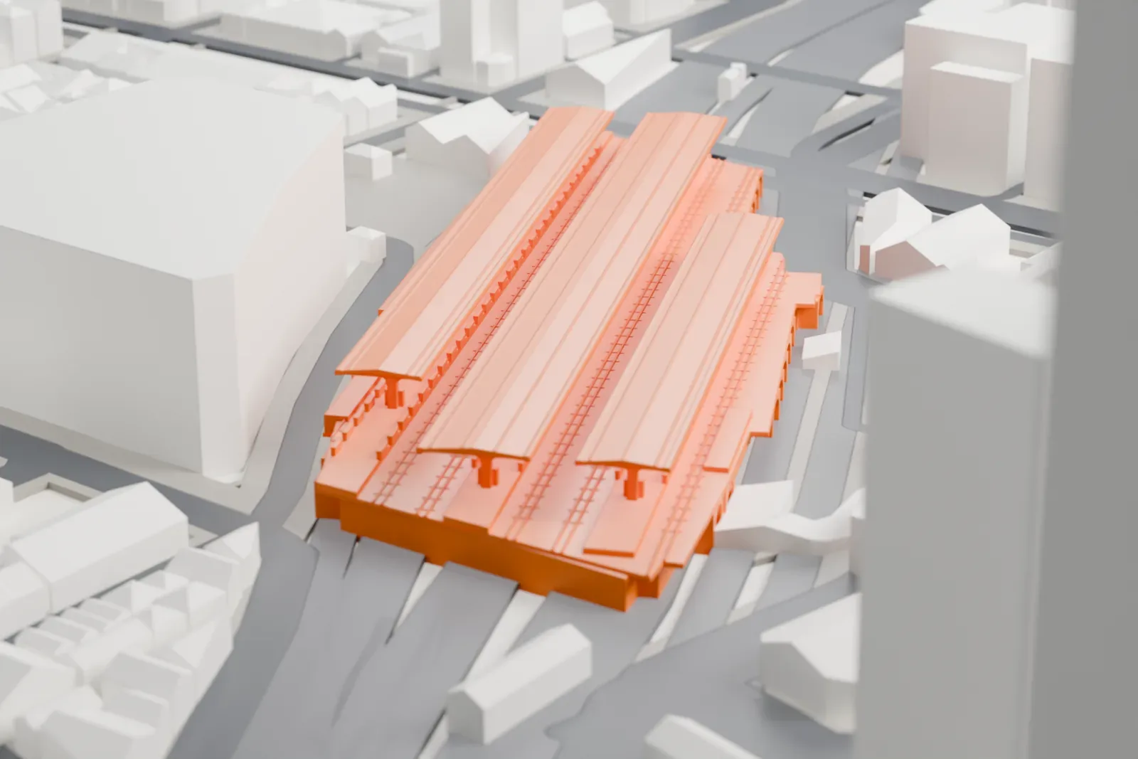 A white 3D print of Shimbashi Station among surrounding streets and buildings.