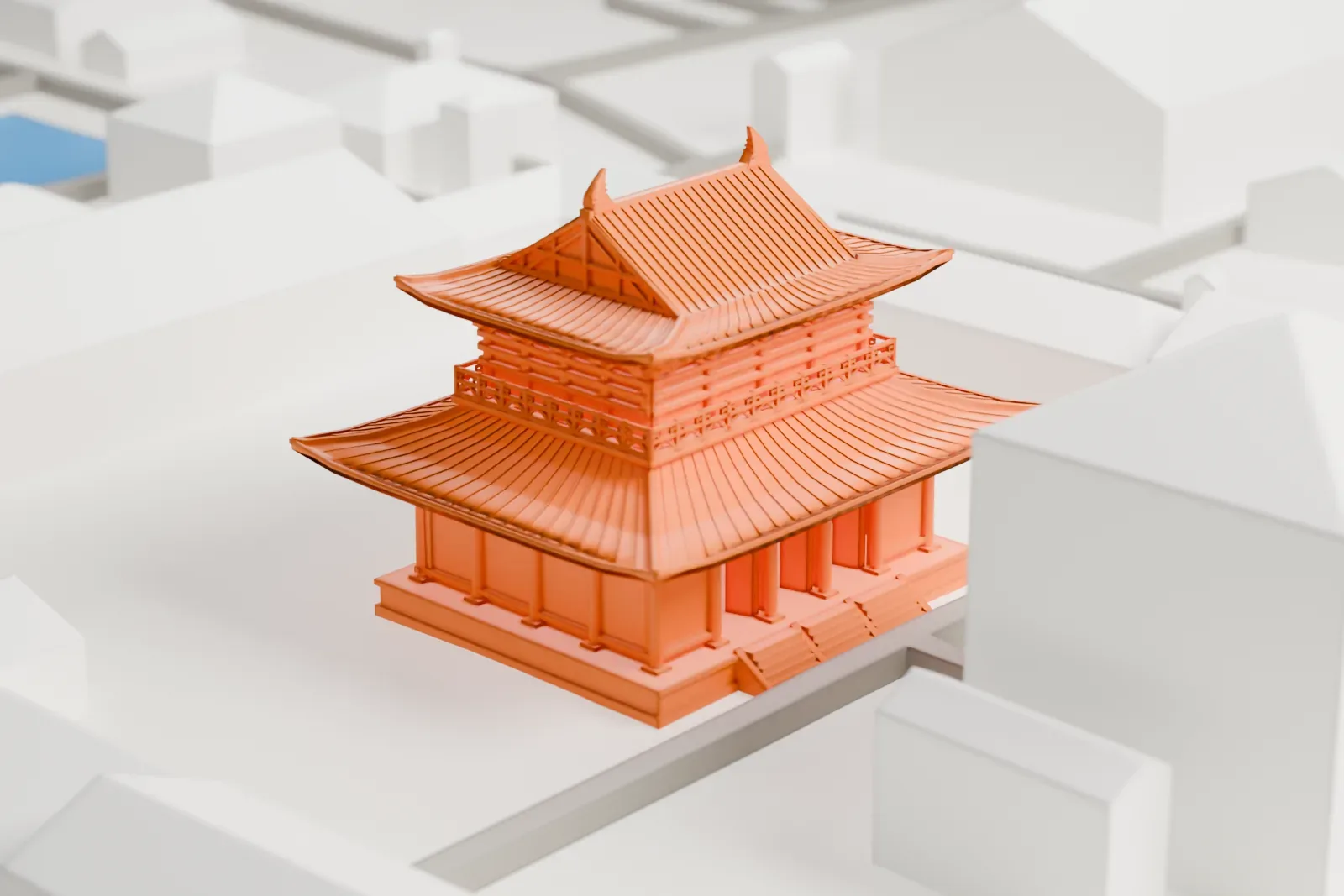 A white 3D print of Shitennō-ji's Golden Pavilion with its two curved roofs and stone plinth, among the surrounding city.