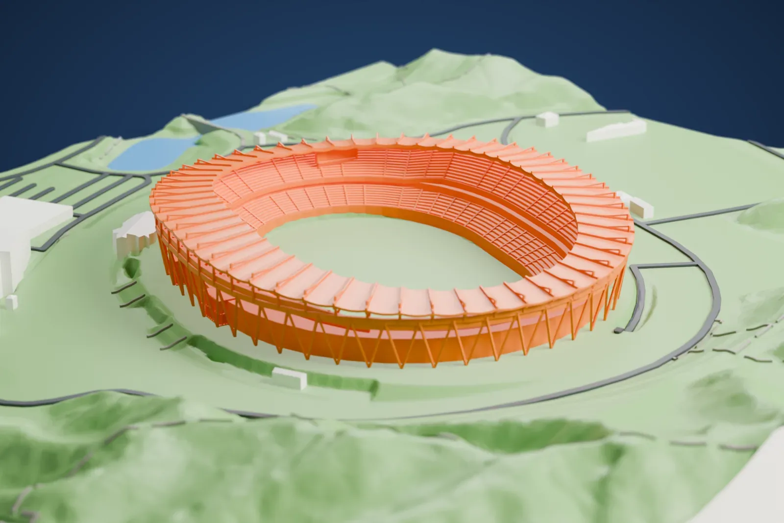 A white 3D print of Shizuoka Stadium ECOPA, a scalloped ring of white membrane roof on inclined V-struts above a two-tier bowl, among the surrounding streets and buildings.