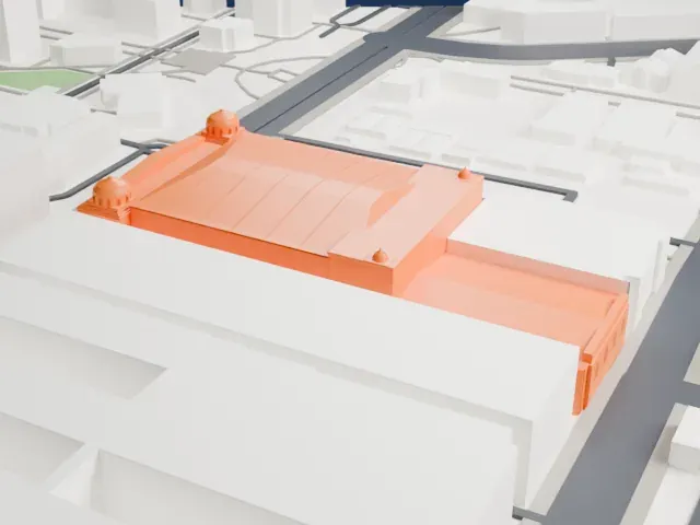 Shrine Auditorium and Expo Hall model, East view