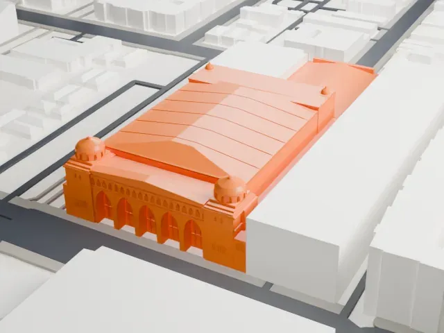 Shrine Auditorium and Expo Hall model, South view