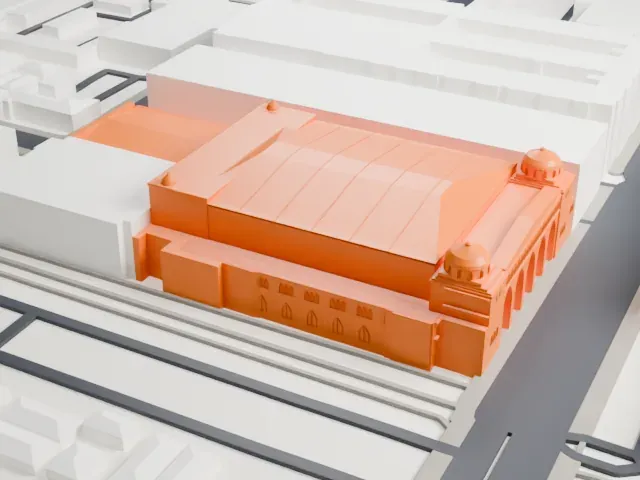 Shrine Auditorium and Expo Hall model, West view