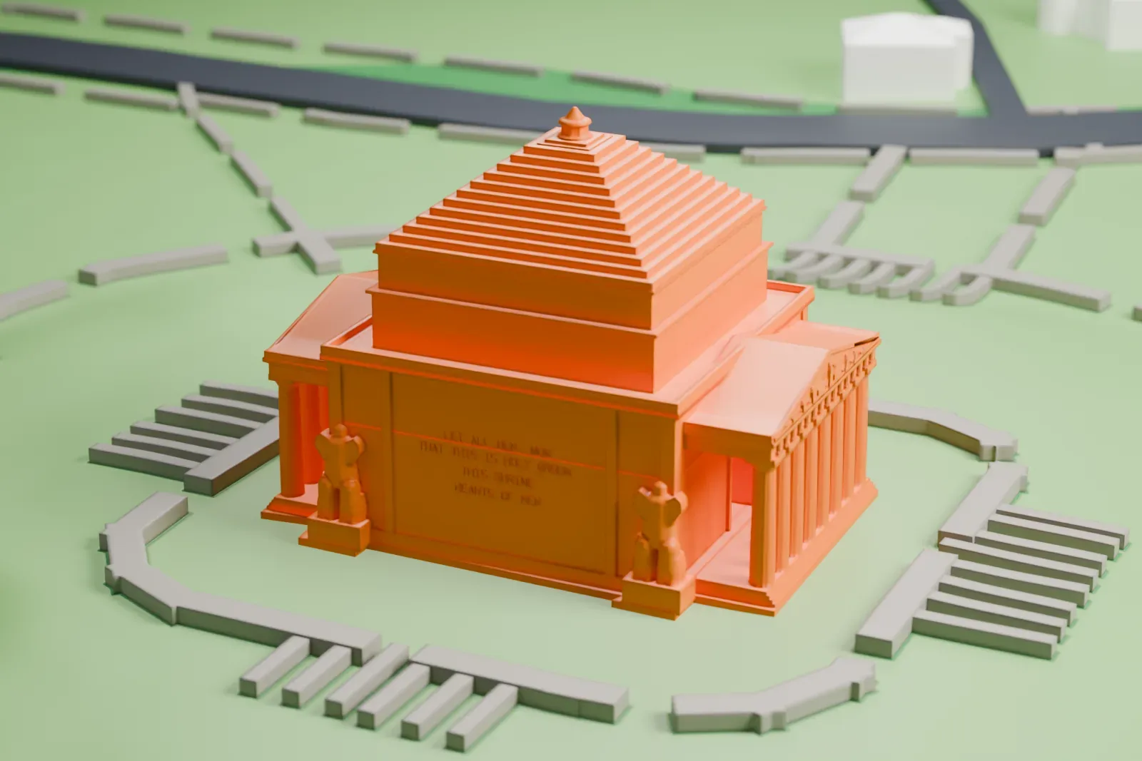 A white 3D print of the Shrine of Remembrance, a columned stone building with a stepped pyramid roof, standing on green parkland ringed by paths.