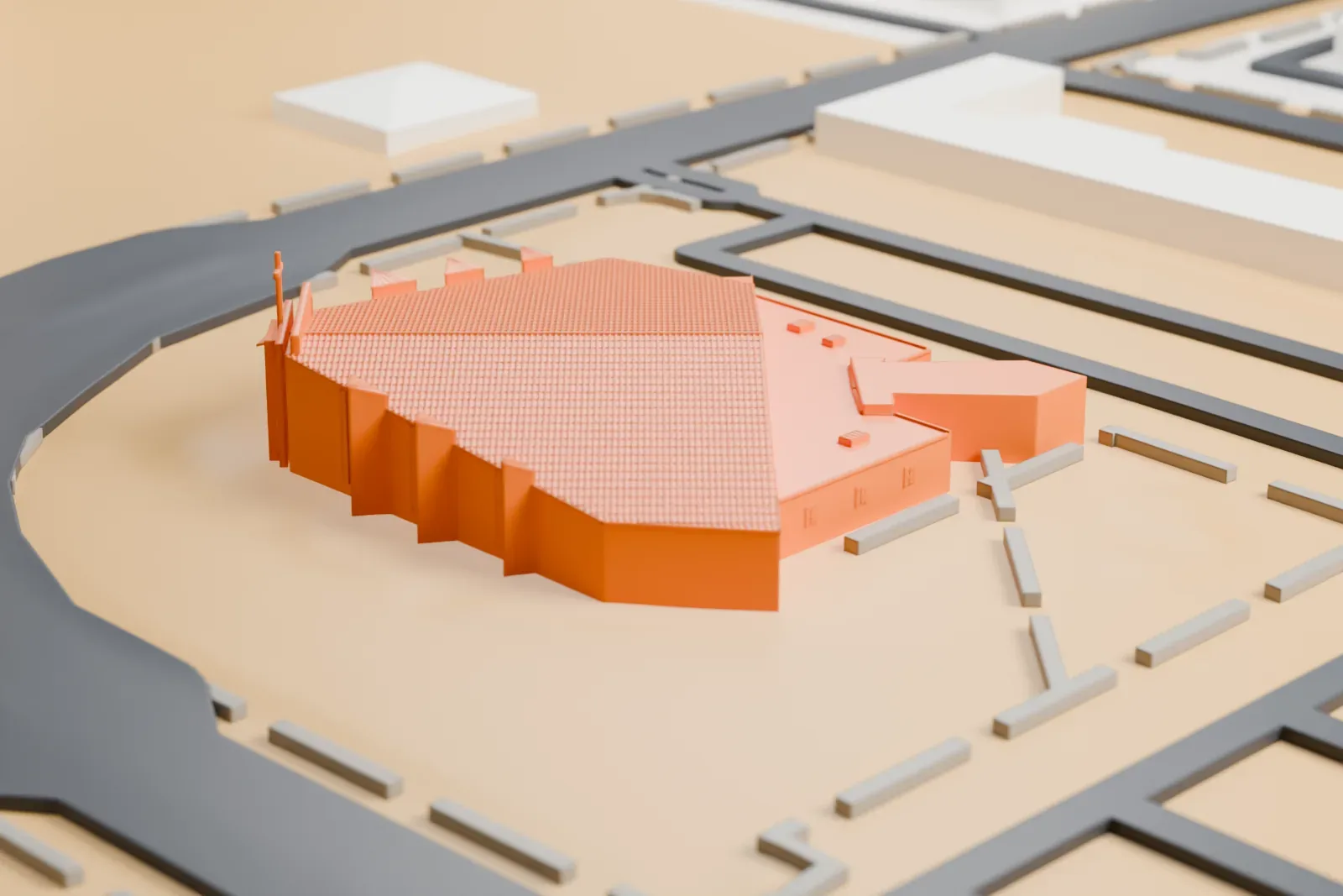 A white 3D print of the Shrine of the Most Holy Redeemer, a church with a large sloping roof, a cross at the front and three small cupolas along the ridge, set on open ground between roads and a neighboring building.
