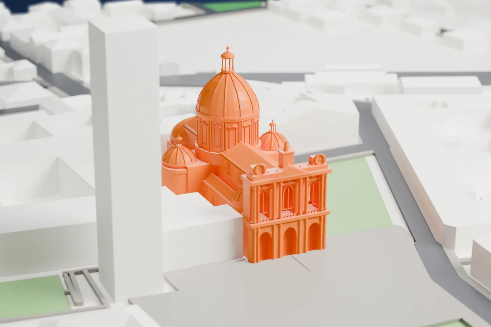 A white 3D print of the Shrine of the Virgin of the Rosary of Pompei, with its bell tower above the surrounding town buildings.