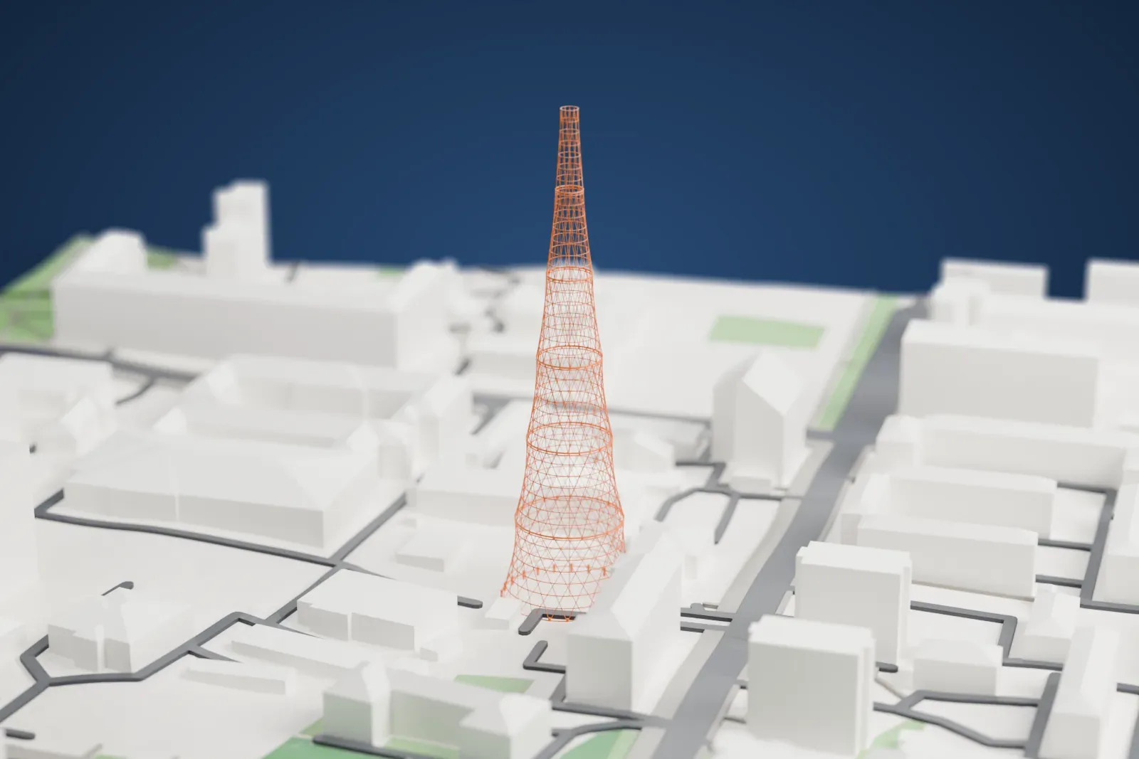 A white 3D print of the Shukhov Tower standing above the surrounding city streets and buildings.