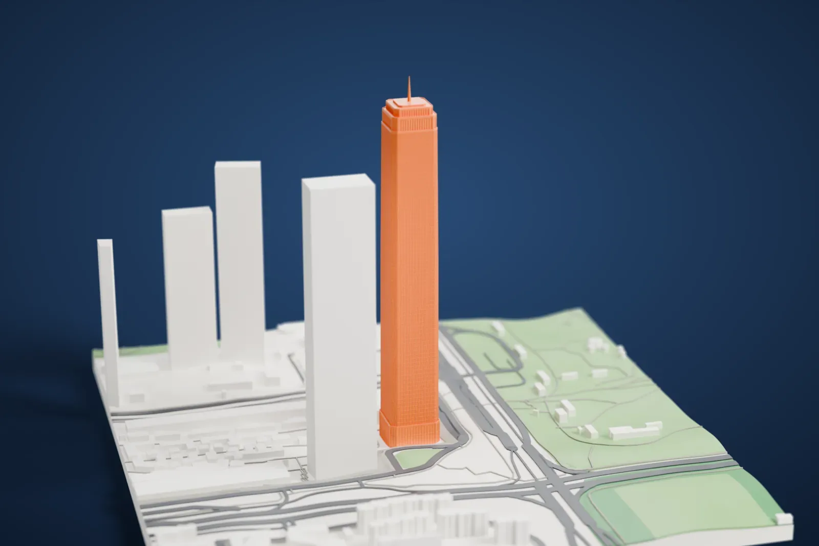 A white 3D print of Shum Yip Upperhills Tower 1 standing above the surrounding streets and buildings of Shenzhen.