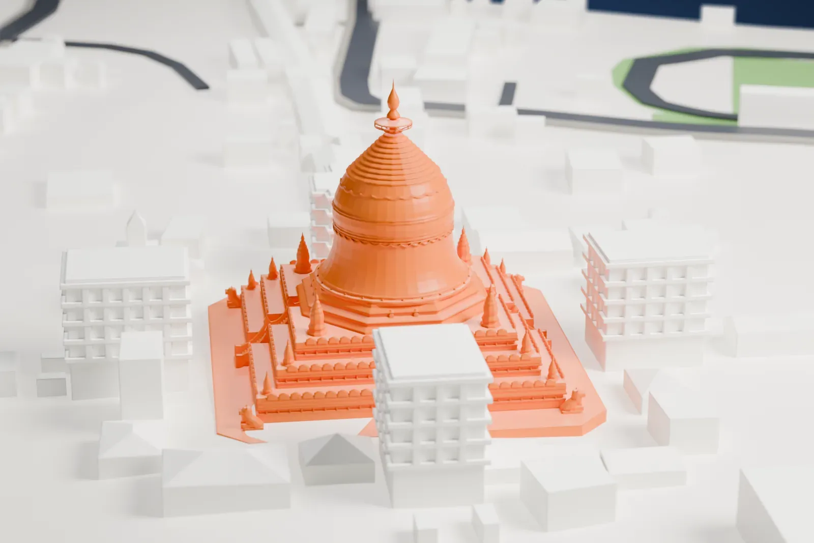 A white 3D print of the Shwezigon Pagoda among the surrounding streets and buildings.