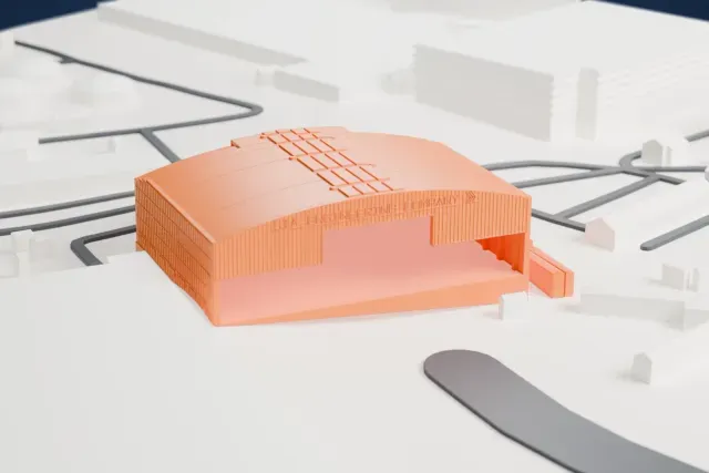 A white 3D print of the SIA Engineering Company Hangar 3, Changi Airport model in Singapore, with the streets around it.