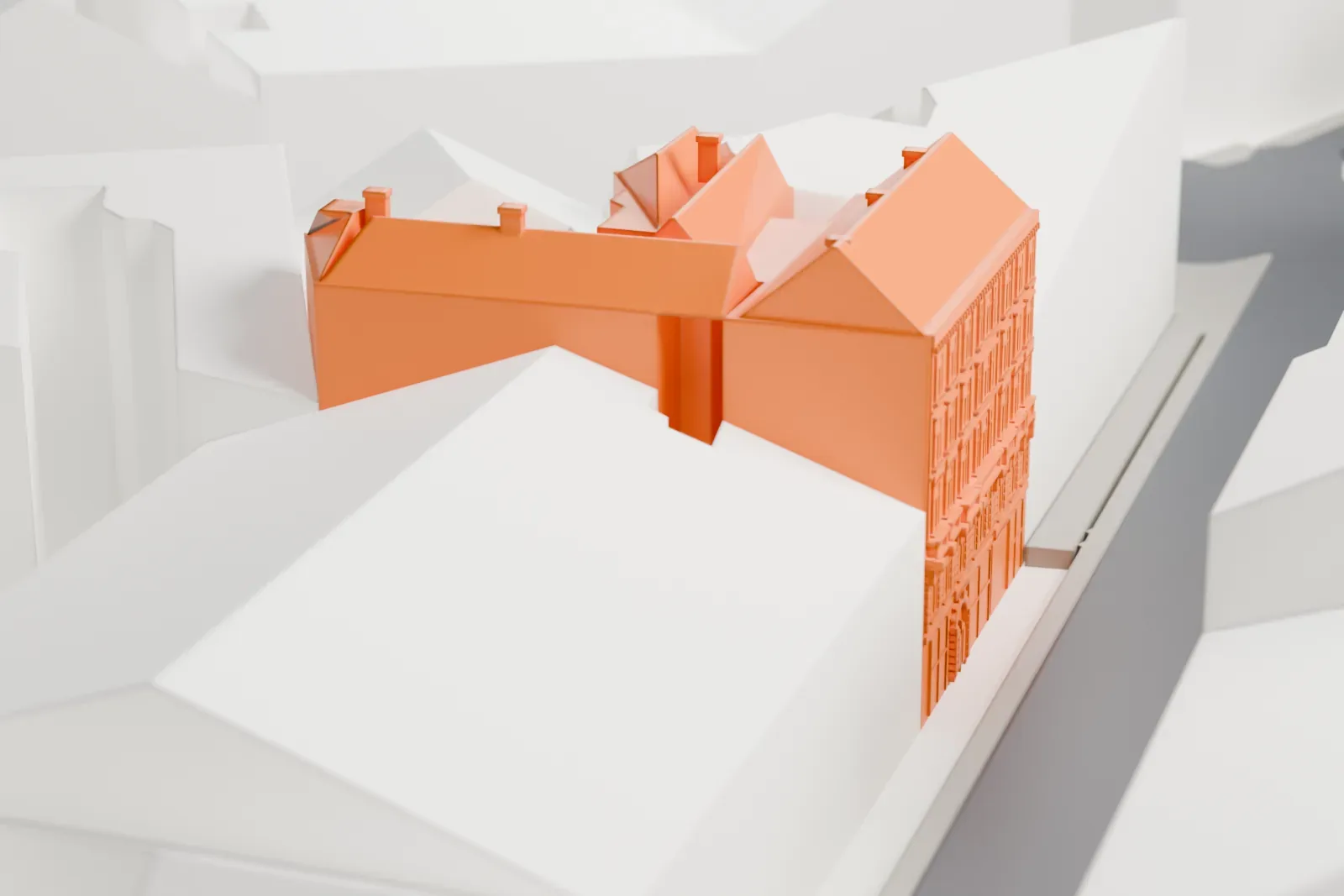 A white 3D print of the Sigmund Freud Museum in Vienna, a city building among the surrounding streets and buildings of the Alsergrund district.
