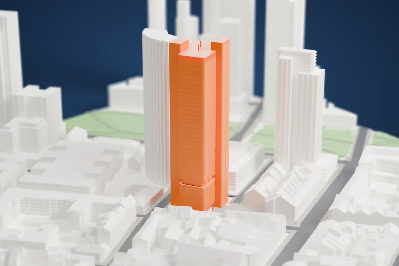 A white 3D print of the Silberturm with the surrounding streets and buildings.