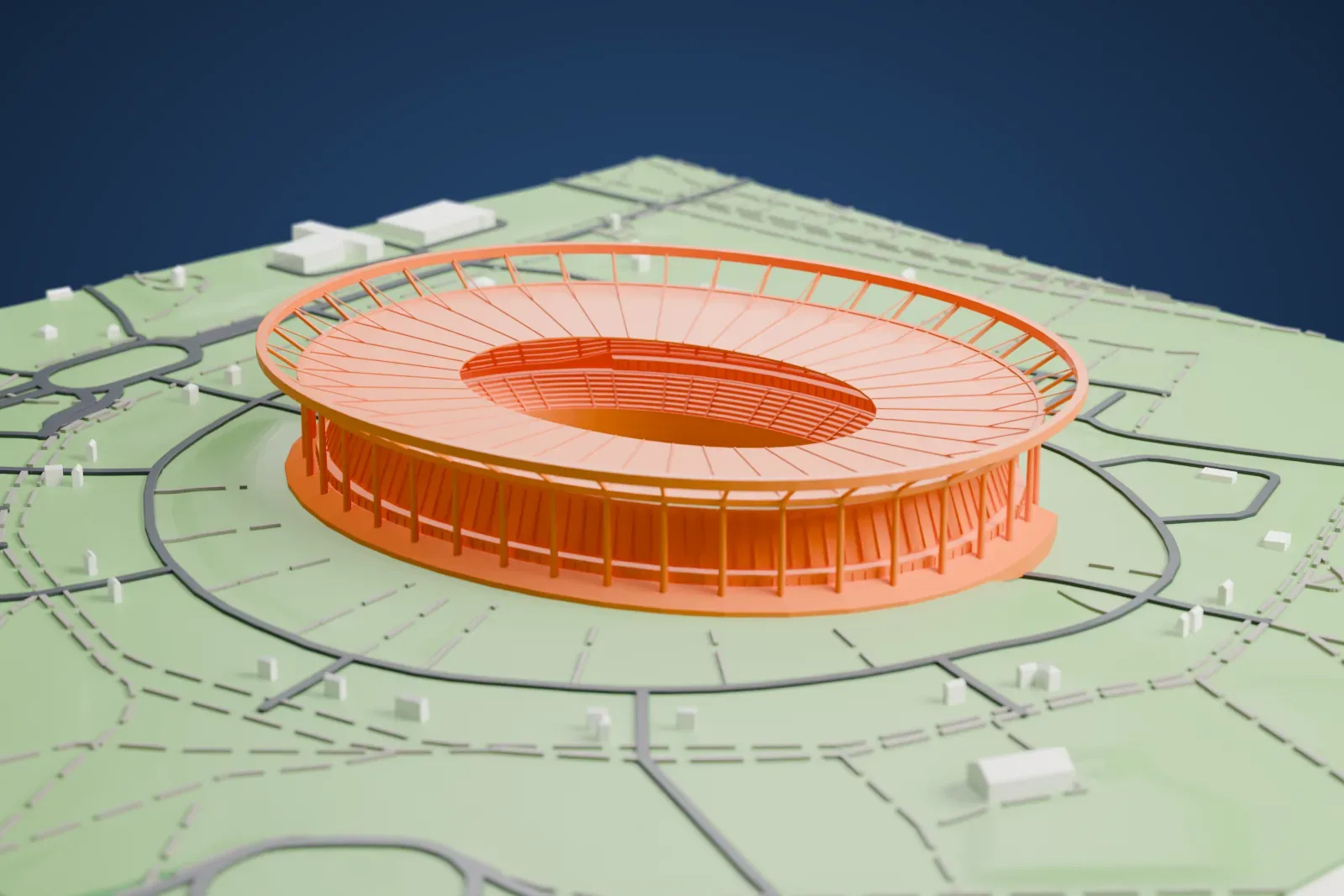 A white 3D print of the Silesian Stadium, its flared upper ring standing above a covered oval bowl on leaning struts, among the surrounding streets and buildings.