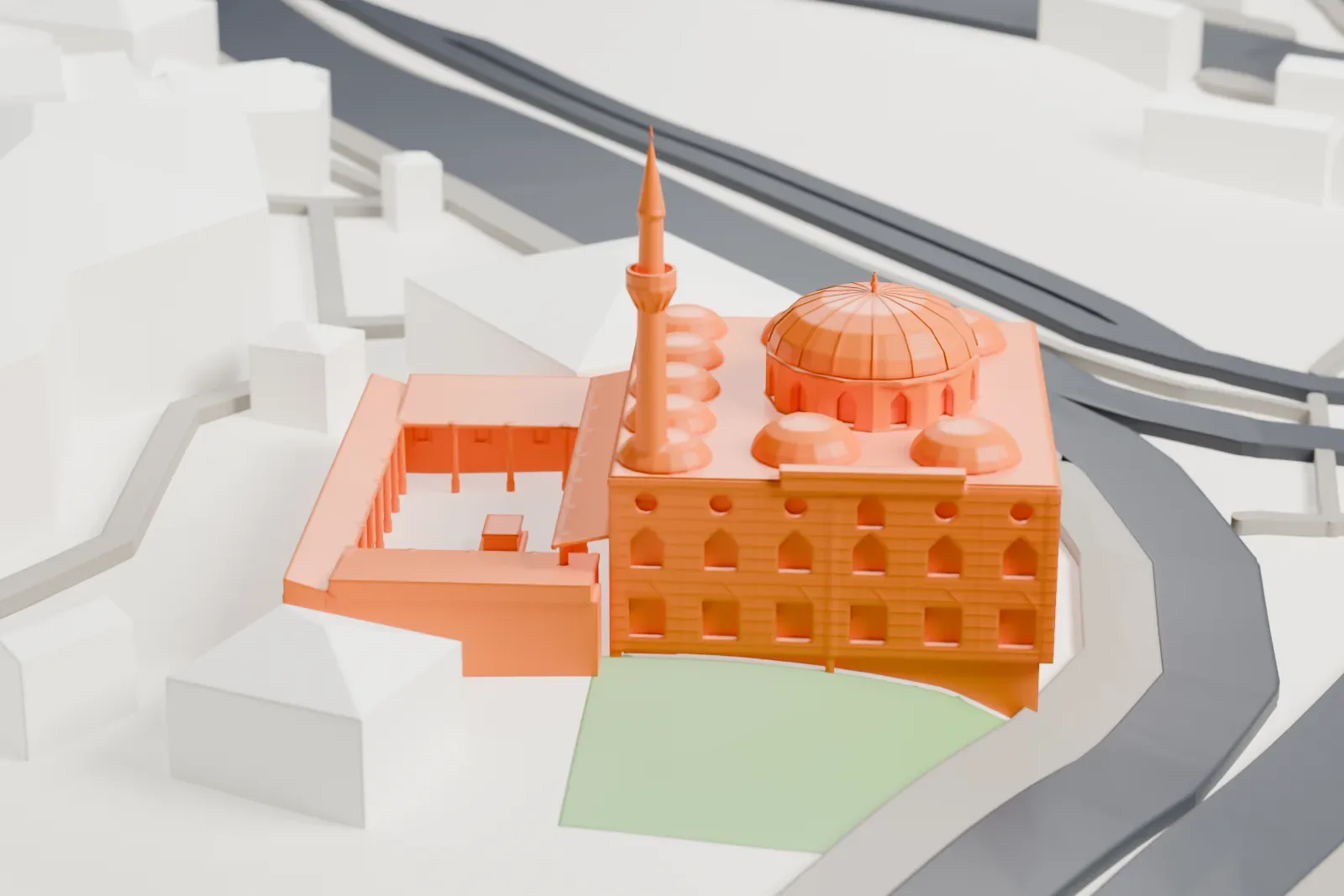 A white 3D print of the Sinan Pasha Mosque in the Beşiktaş district of Istanbul, among the surrounding buildings.