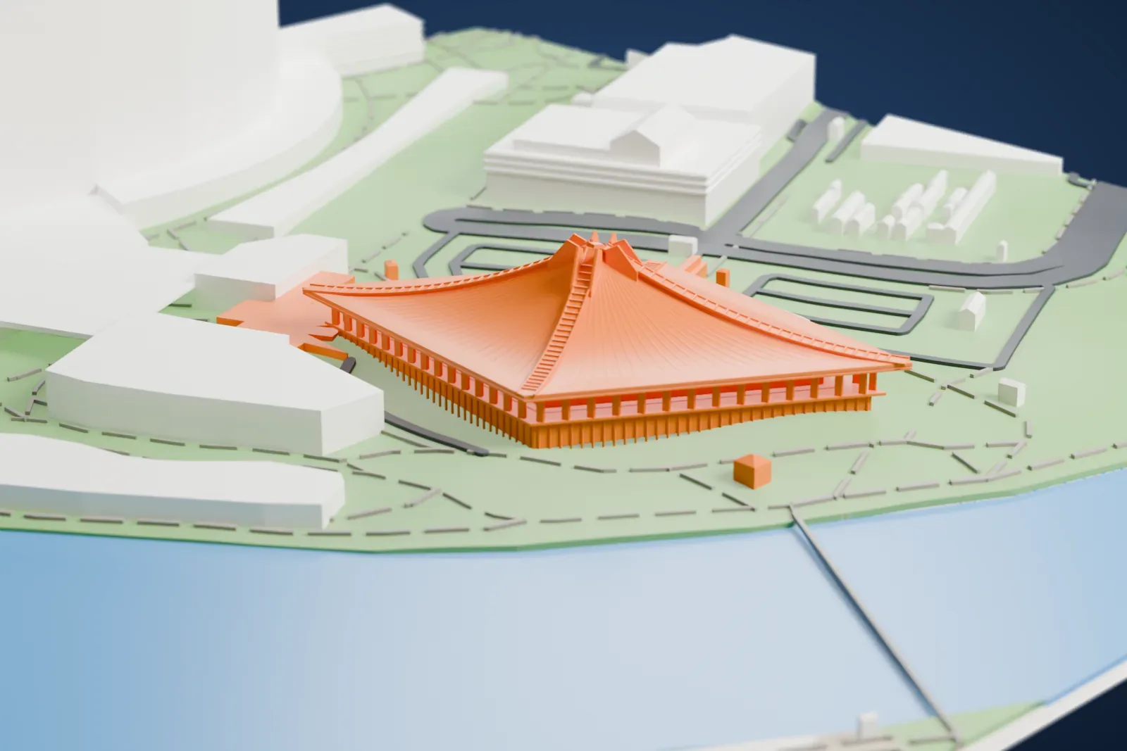 A white 3D print of the Singapore Indoor Stadium, an arena with a huge cone-shaped roof of fine radial ribs above a ring of slim columns, set on green land beside blue water.