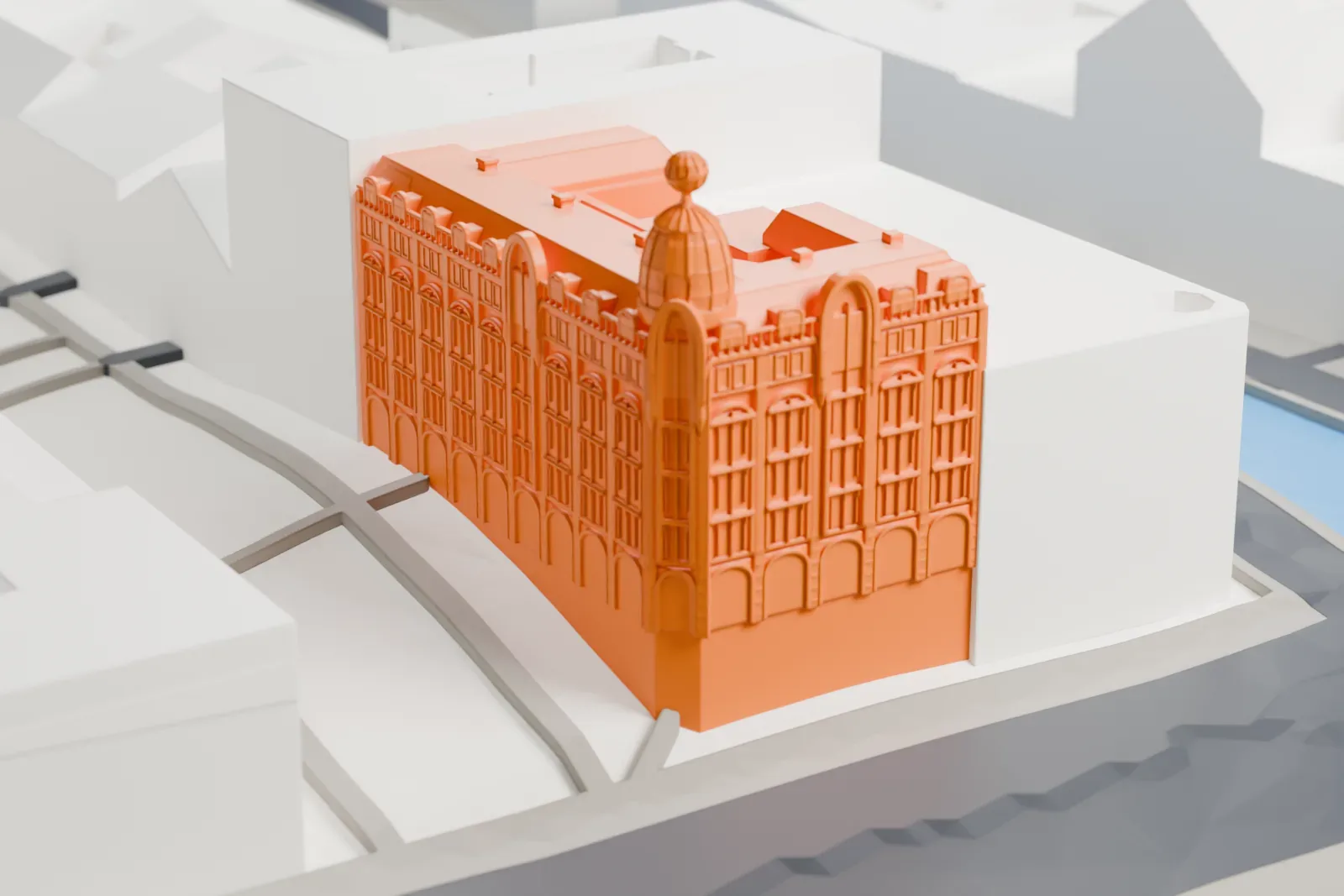 A white 3D print of Singer House on its corner at Nevsky Prospekt and the Griboyedov Canal, with surrounding buildings in Saint Petersburg.
