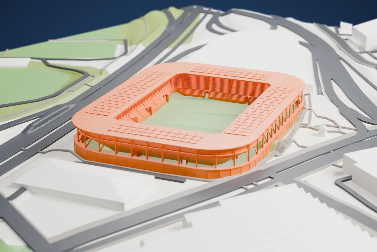 A white 3D print of Sitterstadion, showing its low rounded roof around an open field among surrounding buildings.