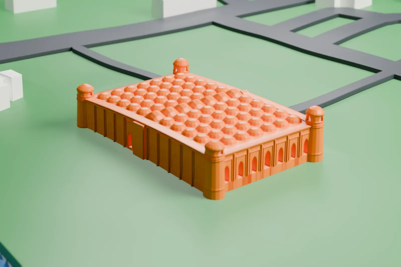 A white 3D print of the Sixty Dome Mosque, a low rectangular hall covered in rows of small domes with a round tower at each corner, on green ground with water nearby.