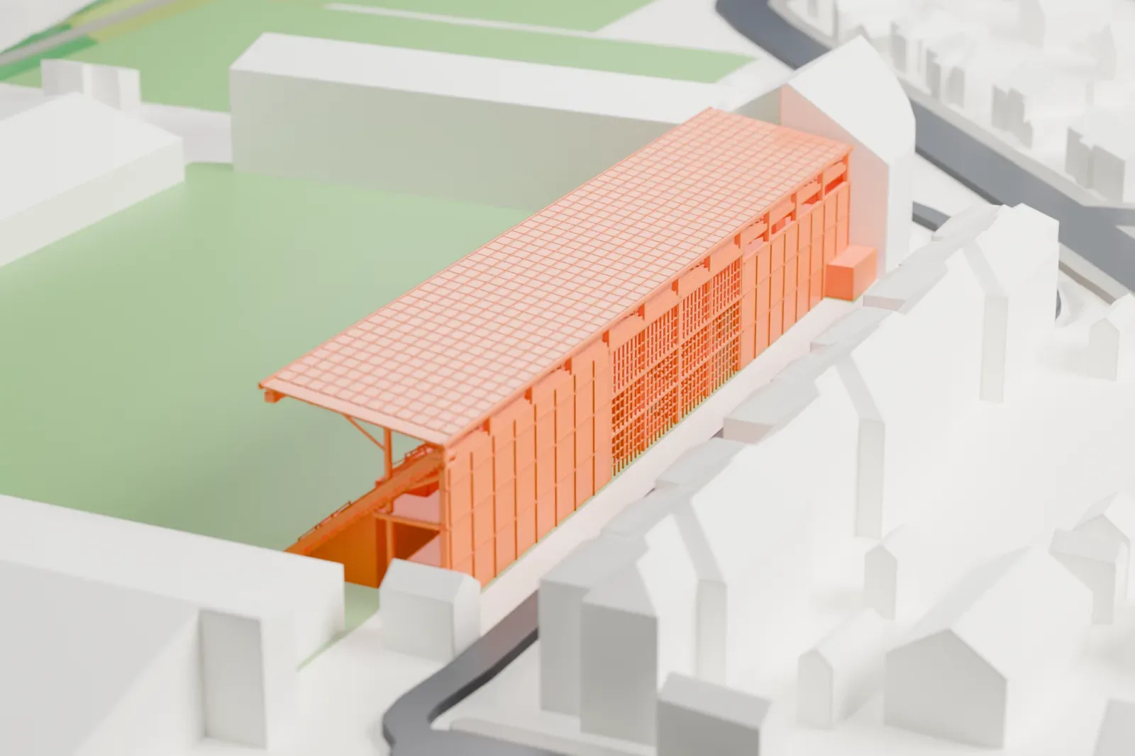 A white 3D print of the long covered stand of Skagerak Arena, with a grid roof and stepped seating, surrounded by houses, streets and larger buildings.