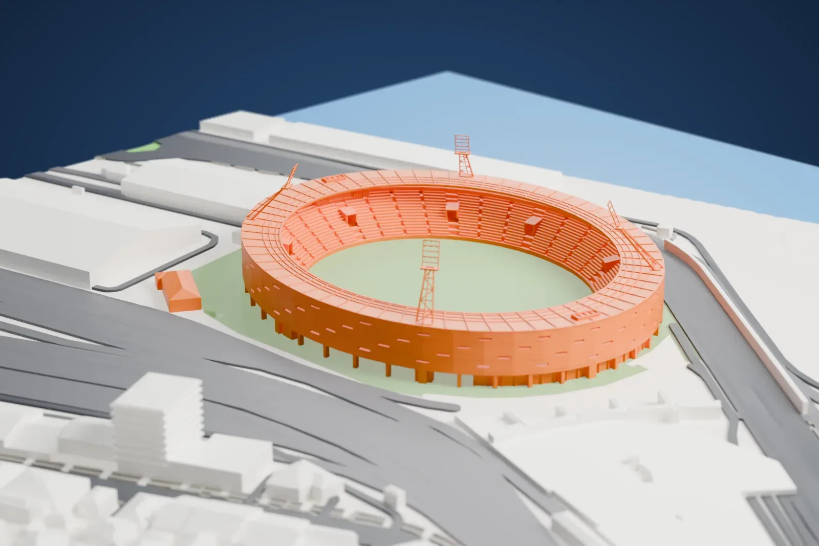 A white 3D print of Sky Stadium, a round bowl stadium on slim supports with four leaning light towers, beside wide roads, large buildings and water.