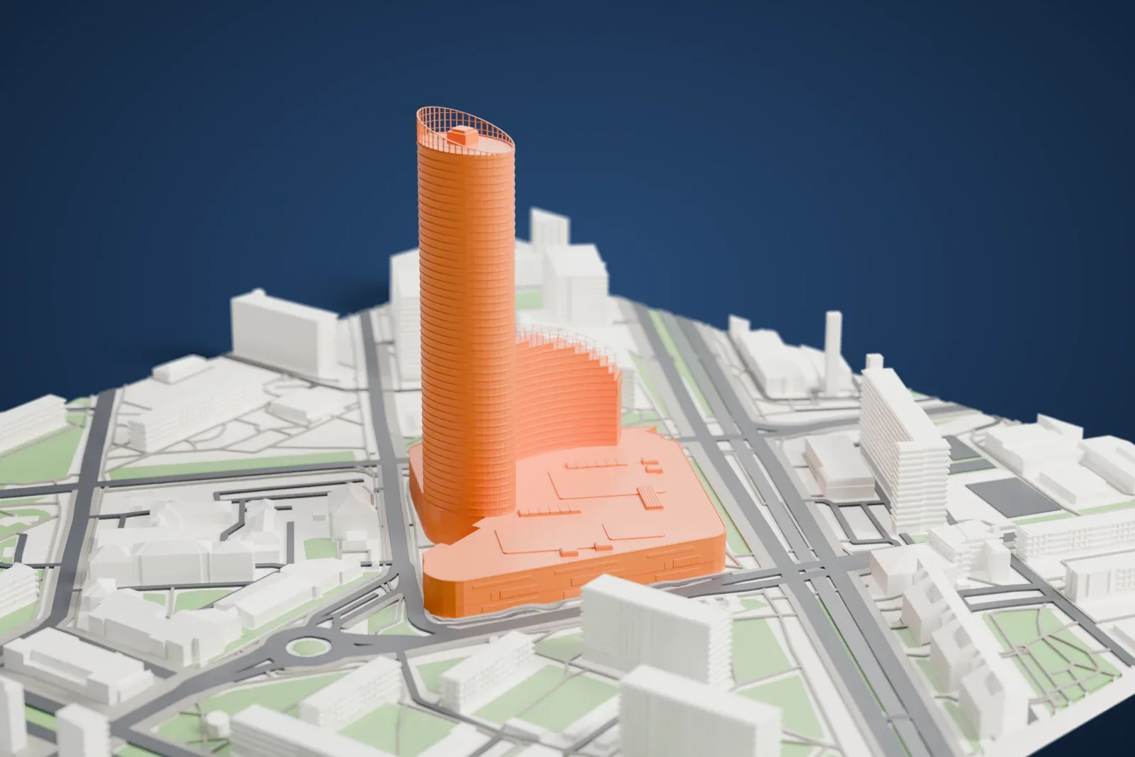 A white 3D print of the Sky Tower in Wrocław, an oval skyscraper with a sloping open crown and a curved lower wing, among surrounding city buildings.