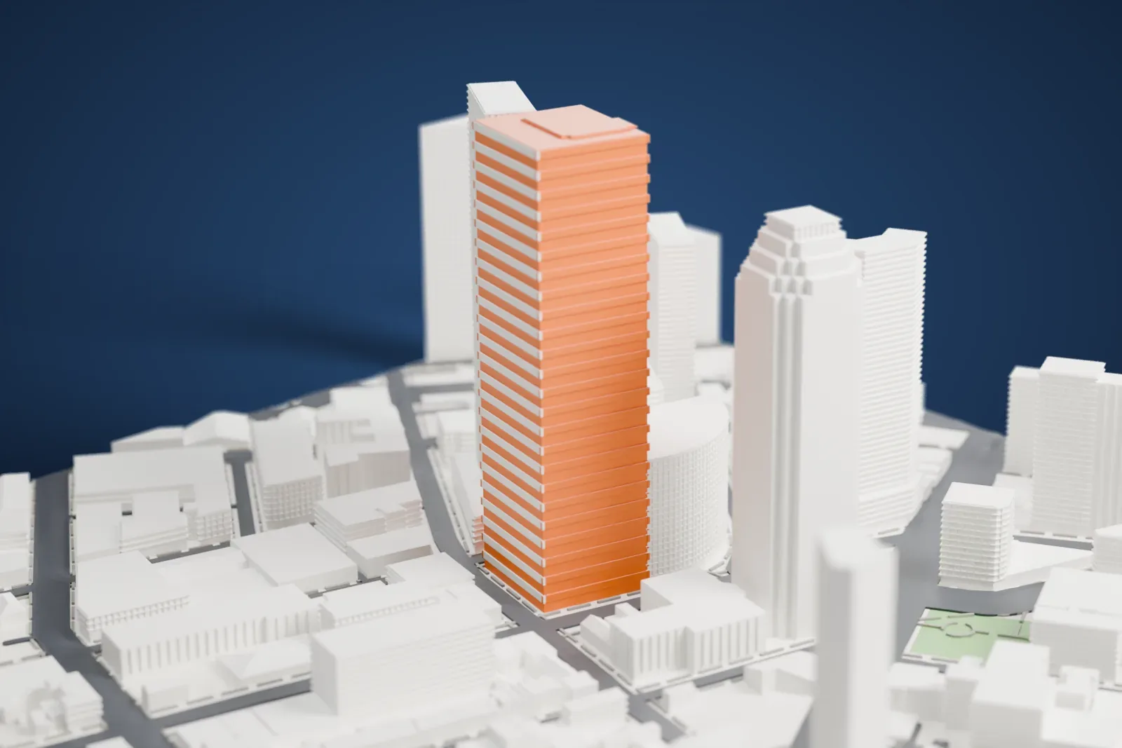 A white 3D print of Skyline Tower, a very tall, slim tower with a slanted, notched top, standing among other tall buildings and lower blocks.