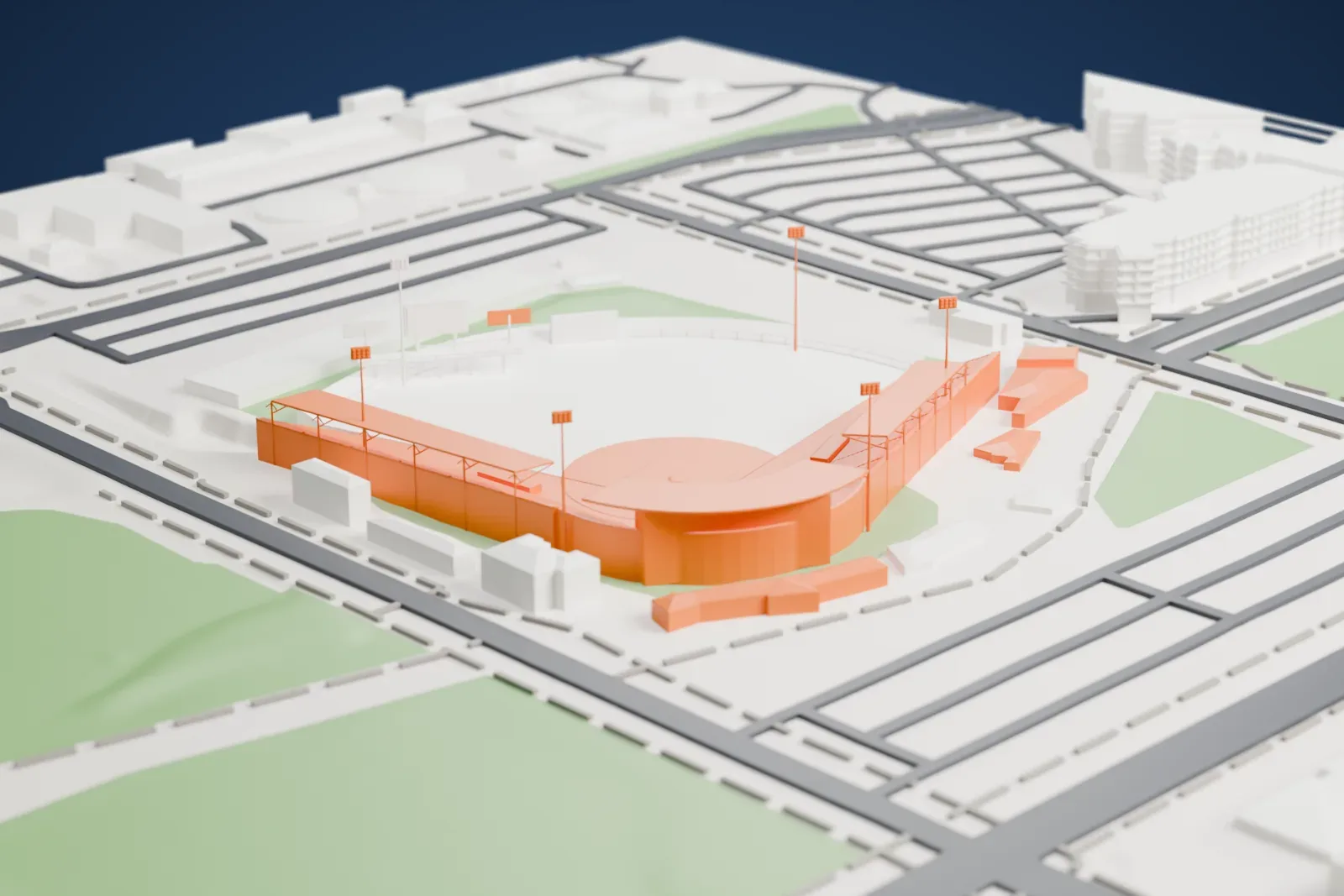 A white 3D print of Sloan Park, a baseball park with a curved grandstand and tall light towers, surrounded by roads, parking lots and open ground.