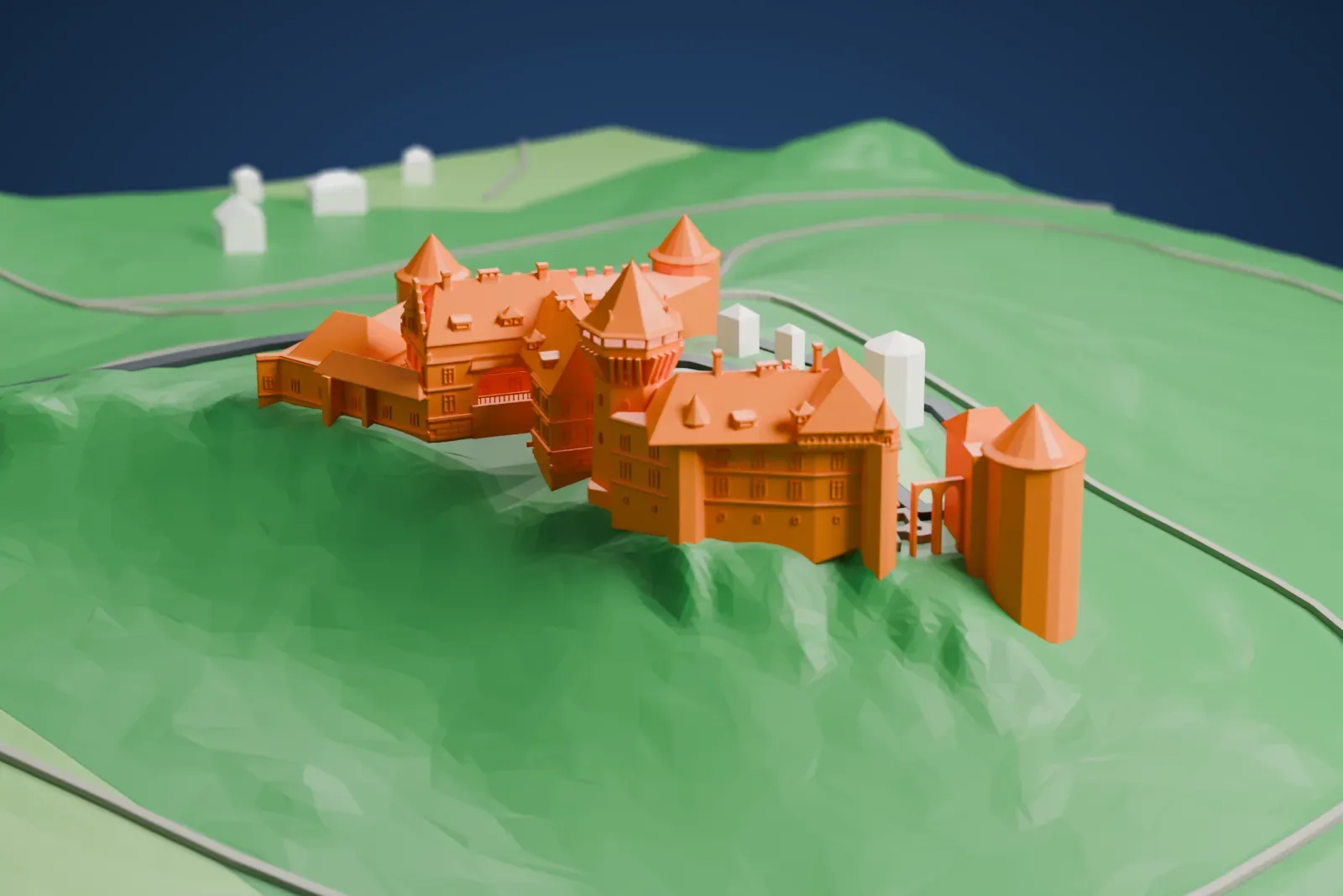 A white 3D print of Smolenice Castle, with round towers, a curtain wall and steep roofs, on a wooded slope.