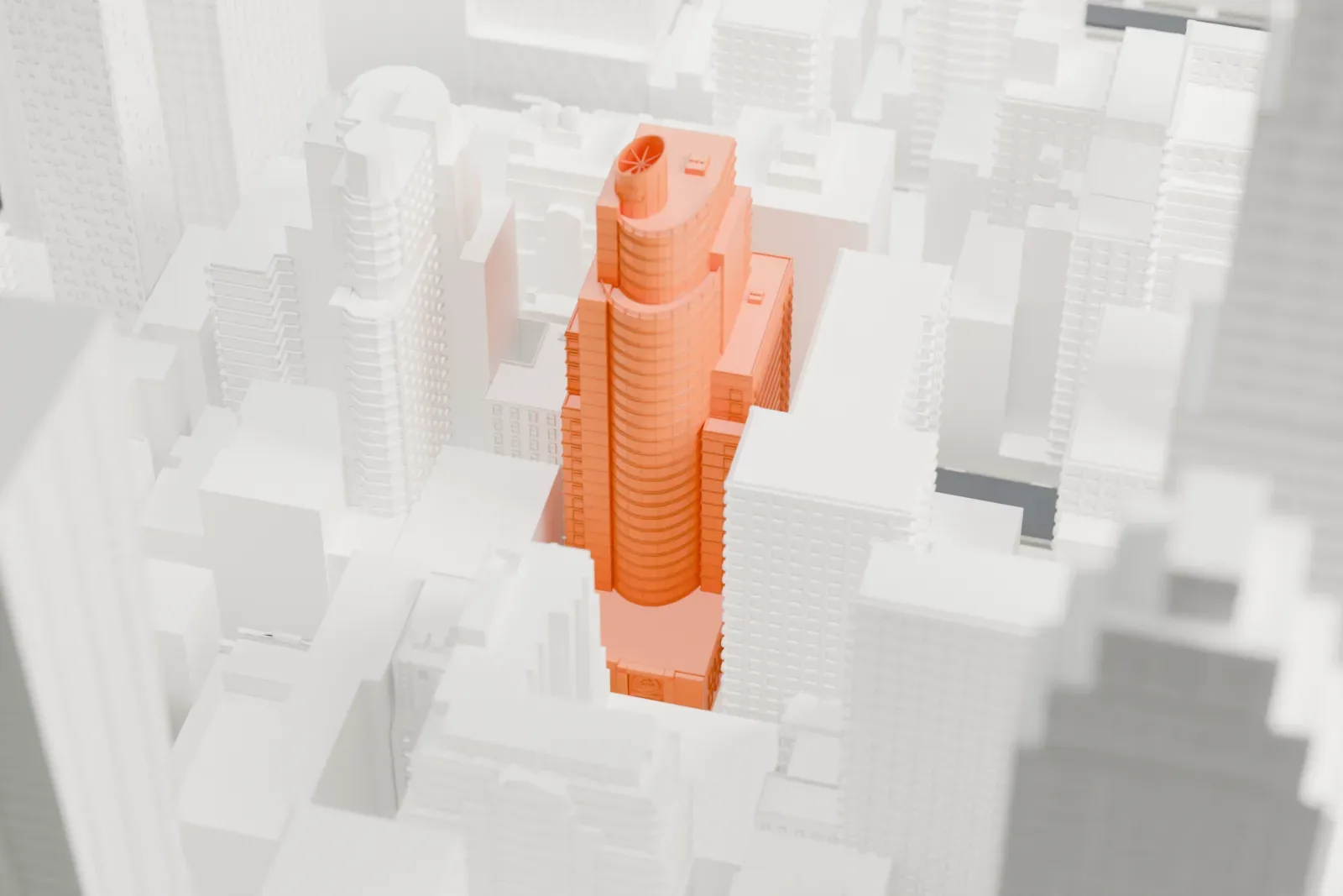 A white 3D print of Sofitel New York, a slim, stepped hotel tower with curved balconies and a round drum on top, among much taller Midtown buildings.