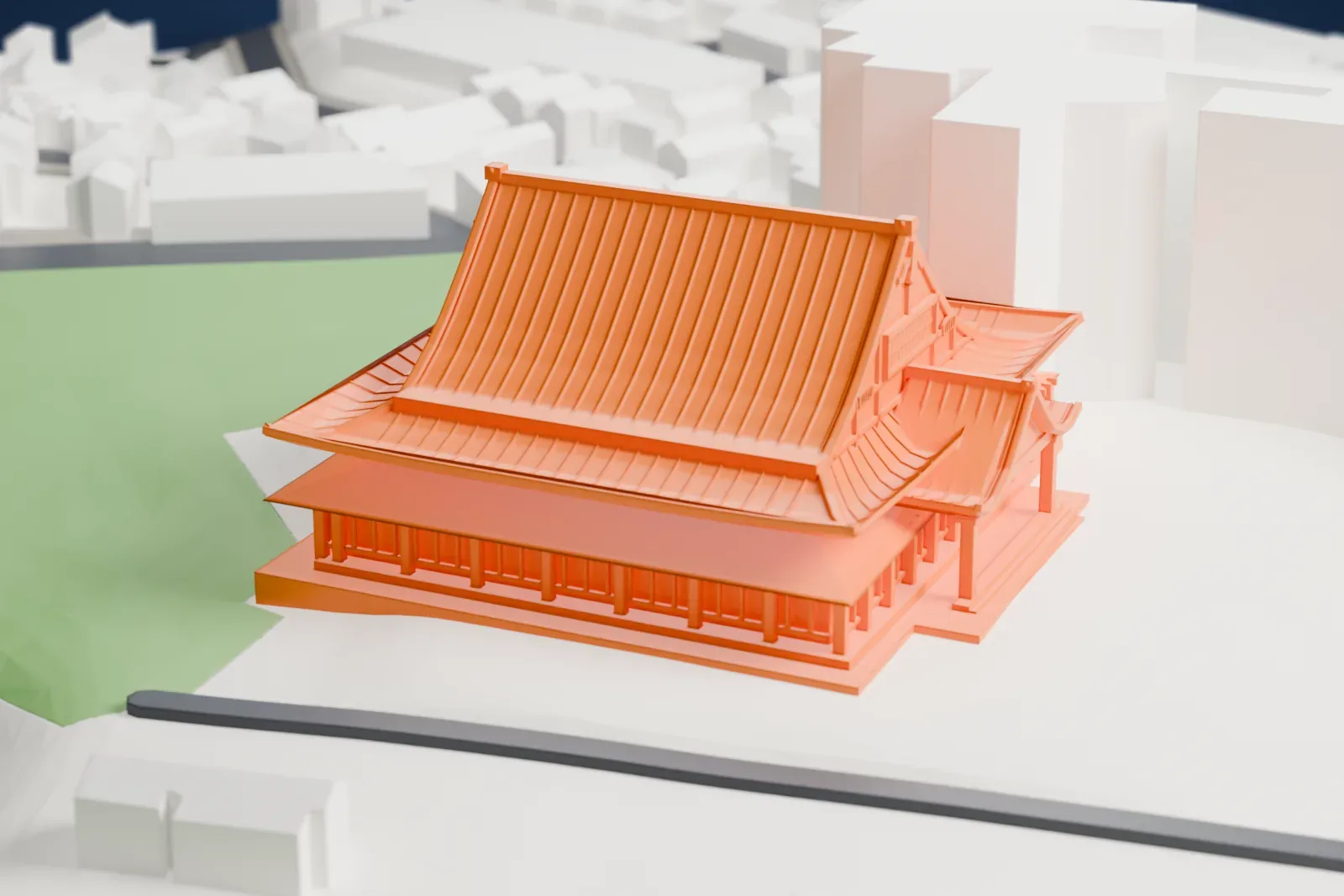 A white 3D print of Sōji-ji, a Zen temple complex with several buildings, among the surrounding city buildings.