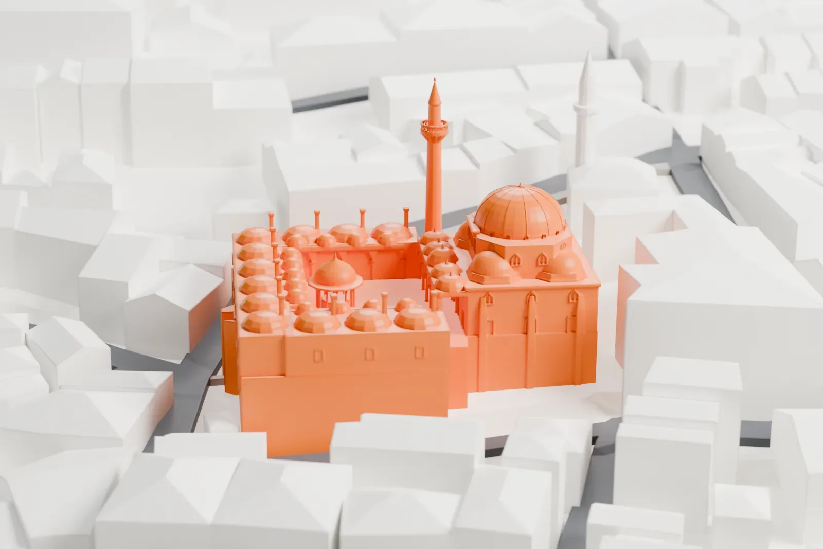 A white 3D print of the Sokollu Mehmed Pasha Mosque among the surrounding streets and buildings of Kadırga.