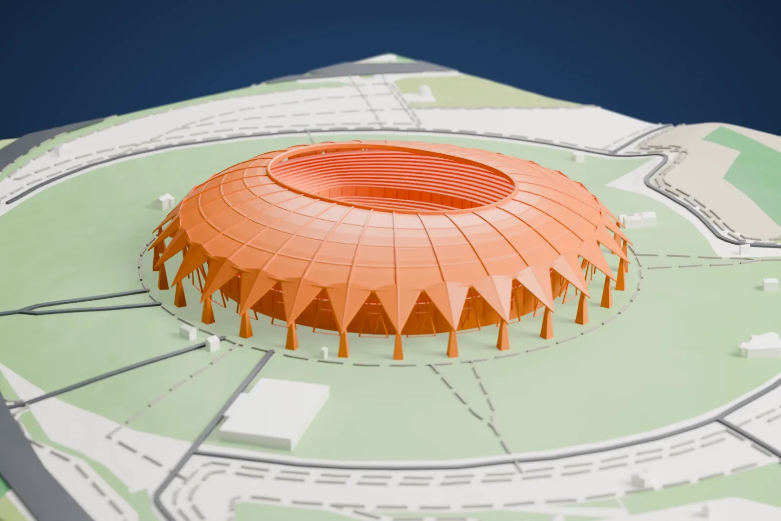 A white 3D print of the Solidarnost Samara Arena, a low convex dome edged by a skirt of triangular petals on pyramidal legs, among the streets and buildings around it.