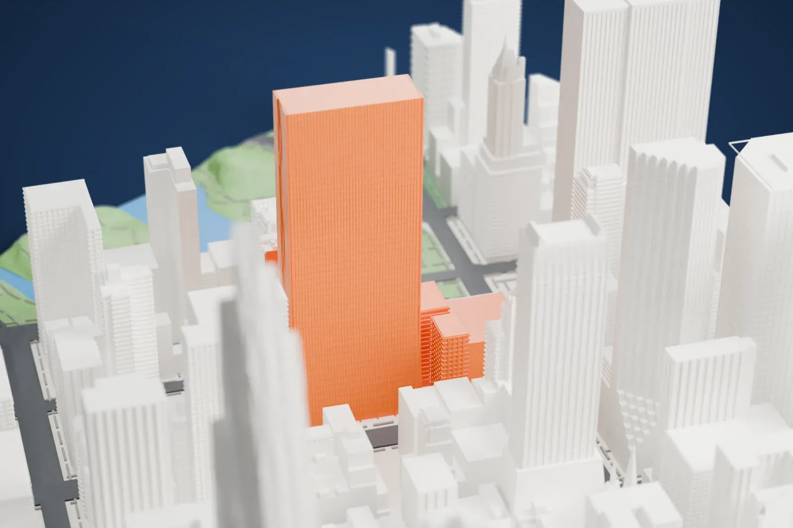 A white 3D print of the Solow Building, a tall slab with diagonal bracing on its sides, standing among Midtown skyscrapers with a park at one corner.