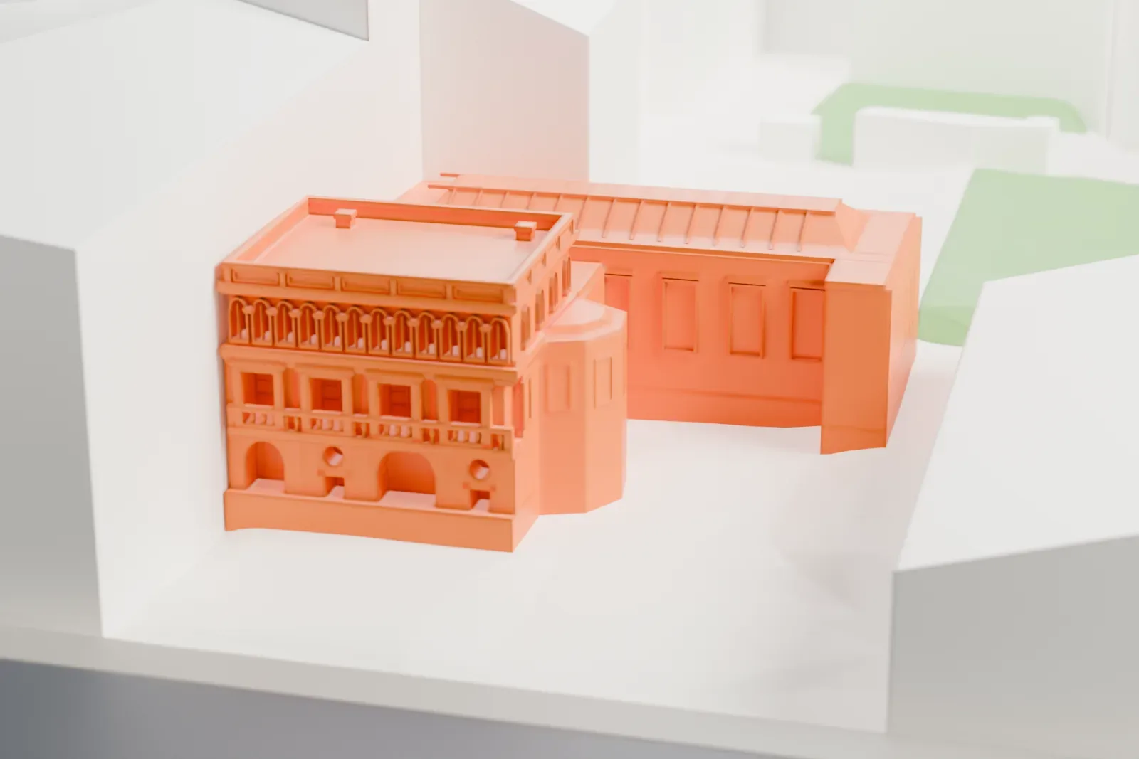 A white 3D print of the Sorolla Museum in Madrid, a compact house with a studio among the surrounding streets and buildings.