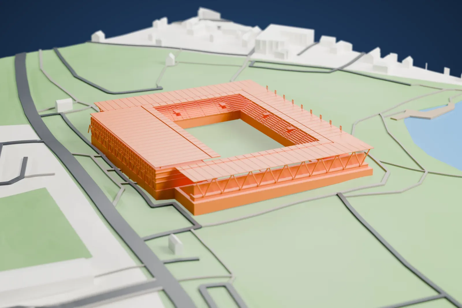 A white 3D print of Sóstói Stadion, a square ring of stands with thin overhanging roofs, among surrounding streets and buildings.