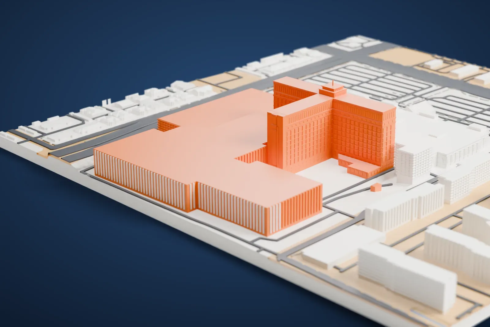 A white 3D print of South Point Hotel, Casino & Spa, a wide low casino building with tall hotel towers, surrounded by parking lots, roads and other buildings.