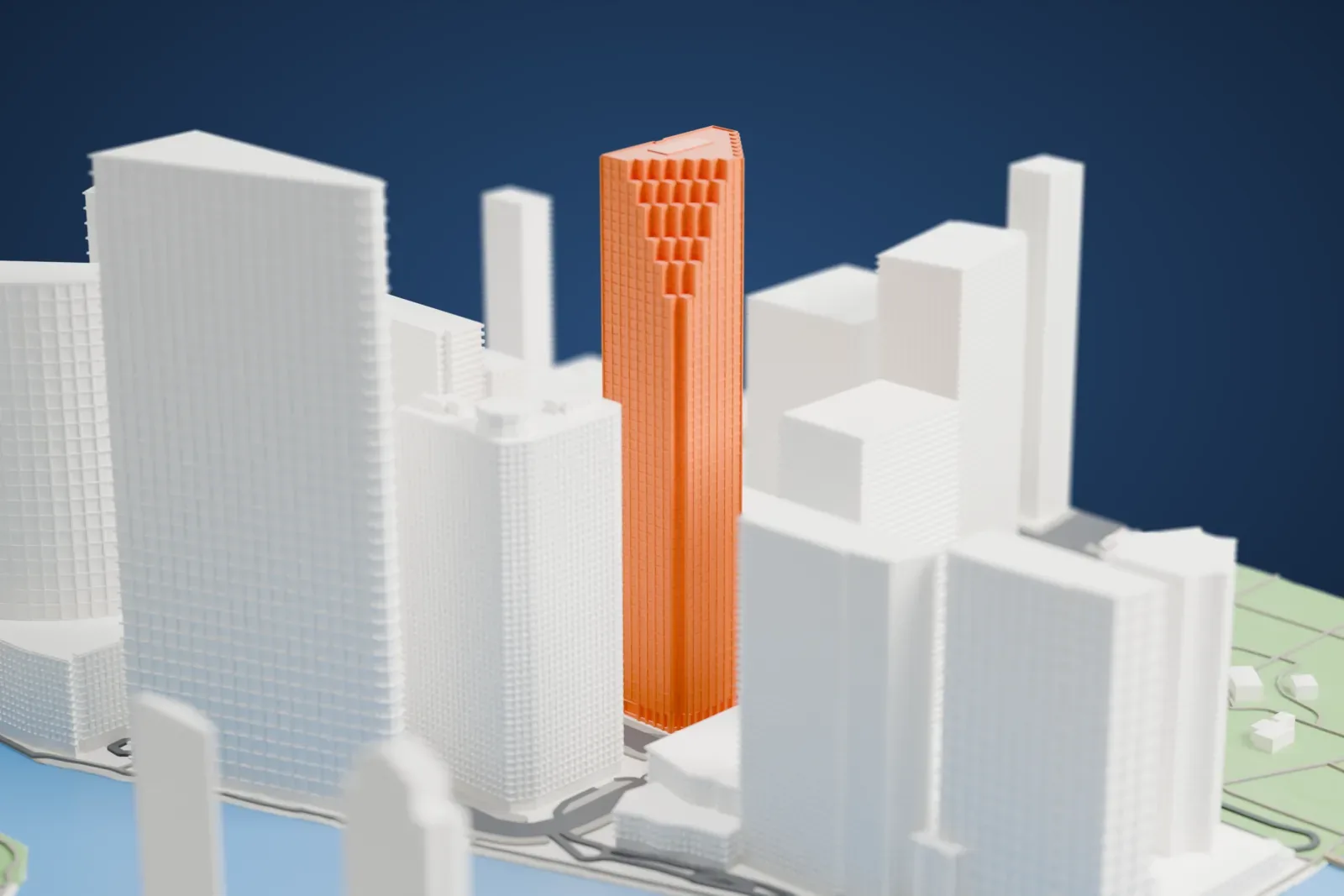 A white 3D print of the Southeast Financial Center, with its sawtooth corners and stepped crown, among the surrounding city blocks.