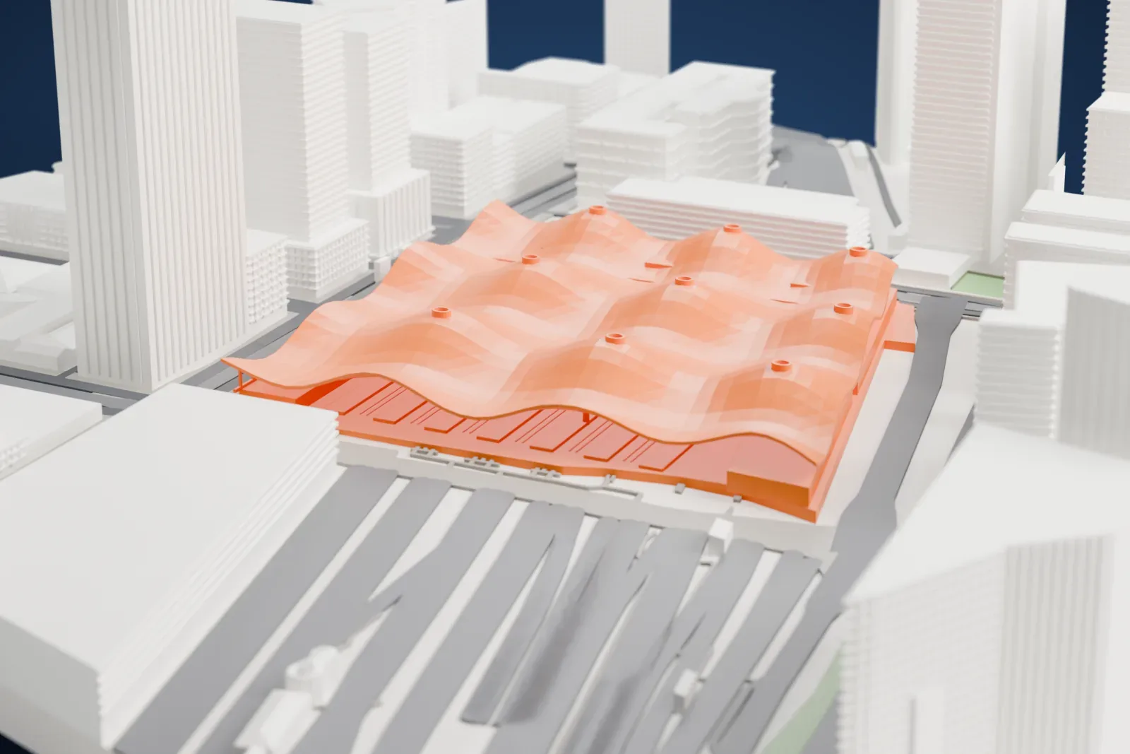A white 3D print of Southern Cross railway station, with the surrounding streets and buildings of Docklands around it.