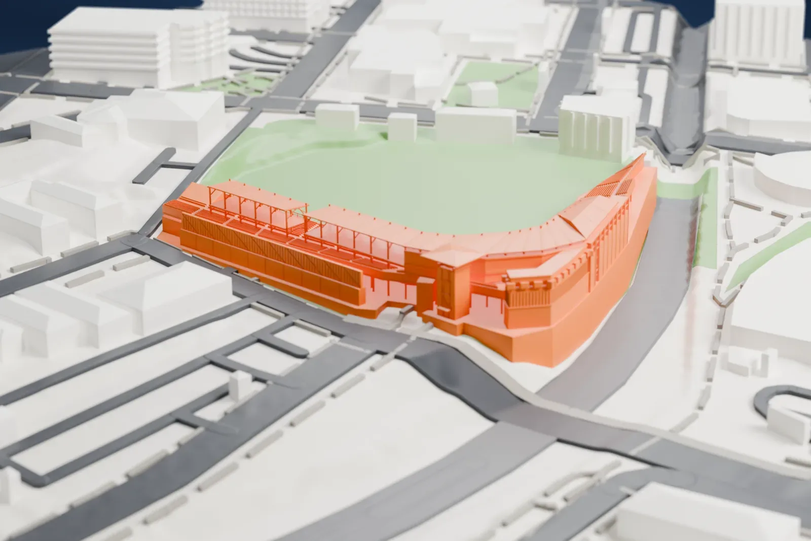 A white 3D print of the Southwest University Park with tiered stands around an open field, surrounded by streets and buildings.