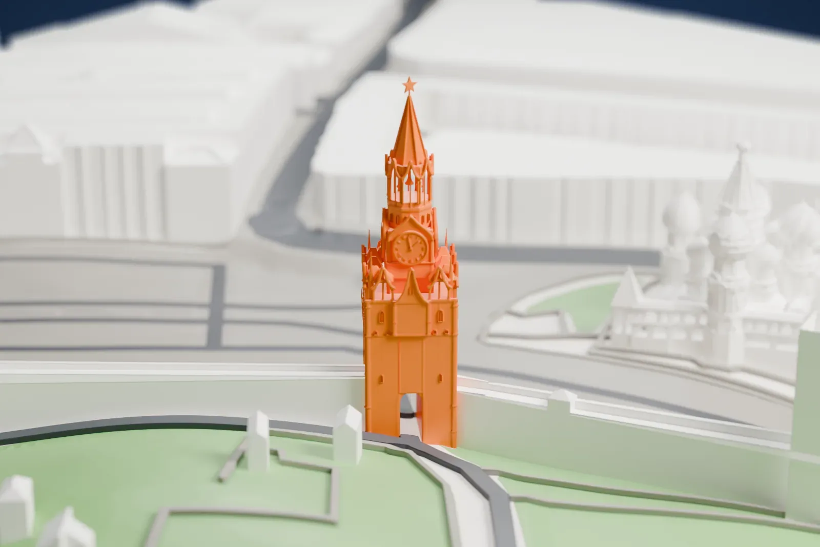 A white 3D print of the Spasskaya Tower, a tall tower in Moscow, with the surrounding streets and buildings of the city around it.