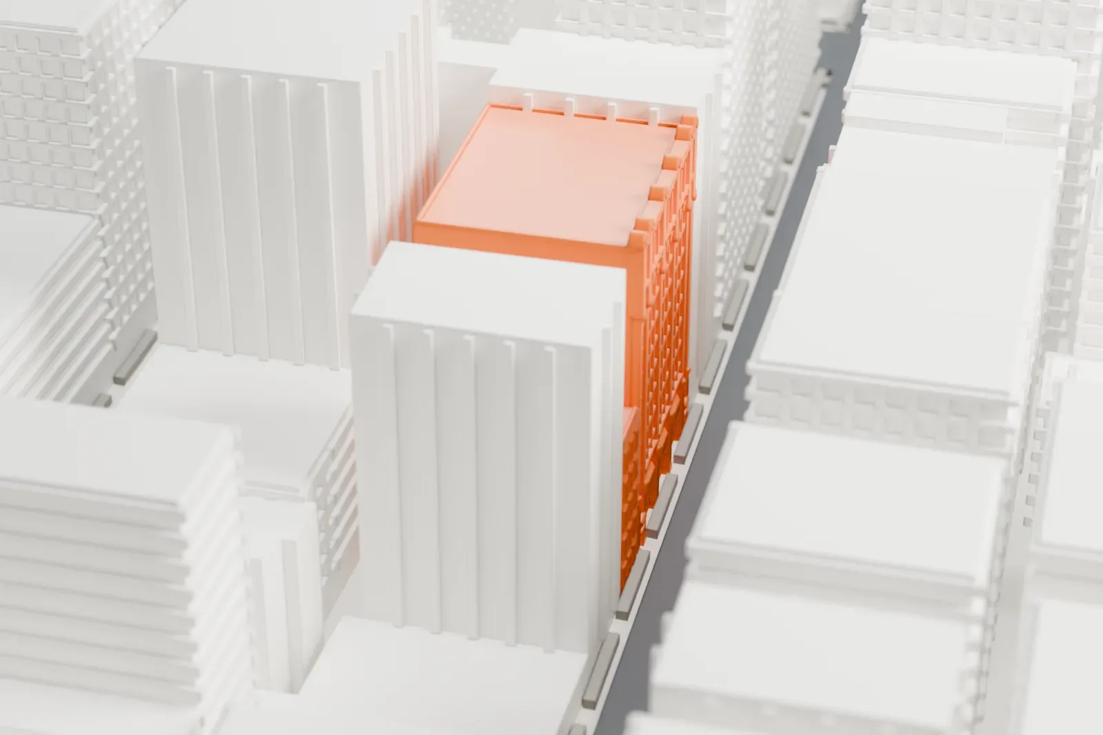A white 3D print of the Spero Building, a tall block among many other tall buildings in a dense city district.