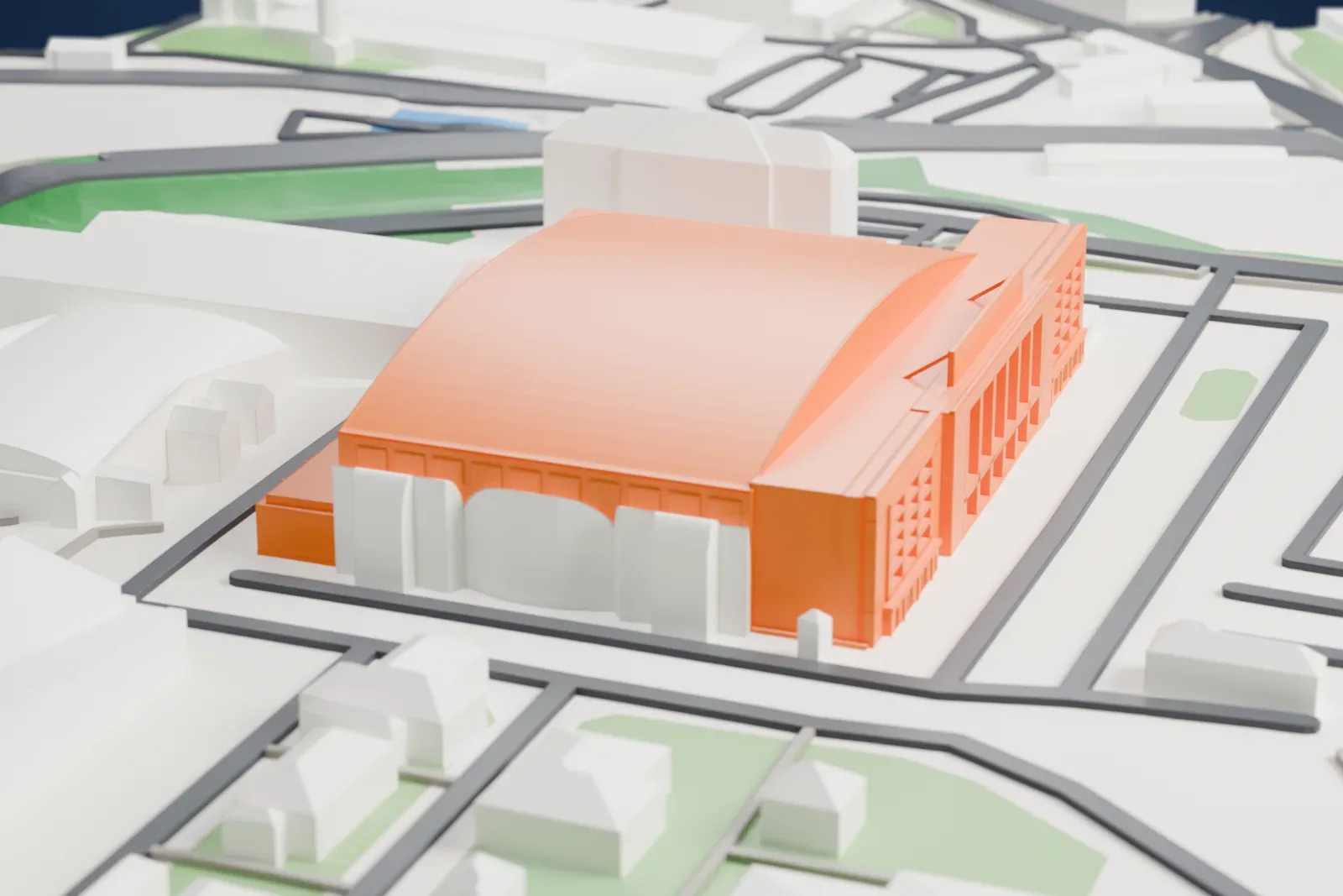 A white 3D print of Sportovní hala Fortuna, a wide arena, among the surrounding buildings of the fairground.