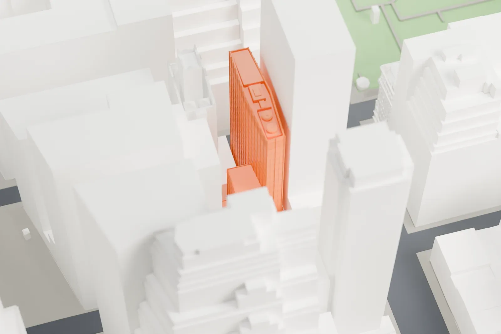 A white 3D print of the Springs Mills Building, a slim office tower mostly hidden among taller and lower Midtown buildings.