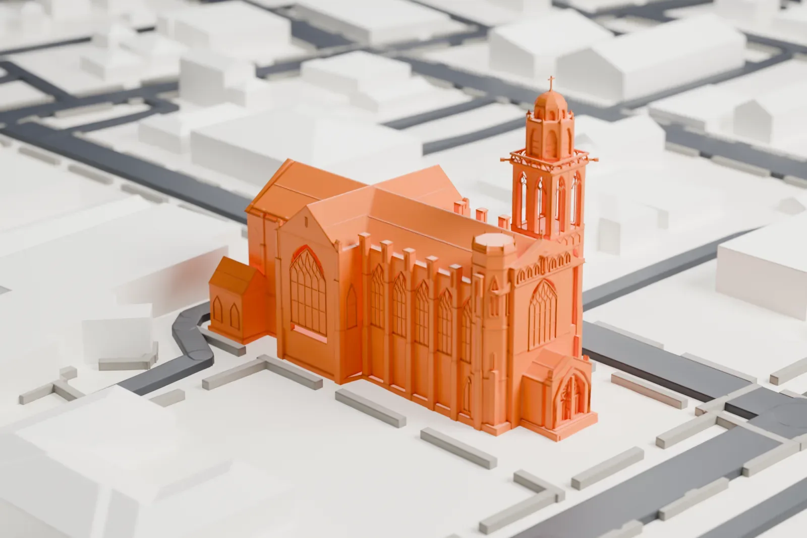 A white 3D print of St. Agnes Cathedral, a long church with a bell tower, standing among low buildings and streets.