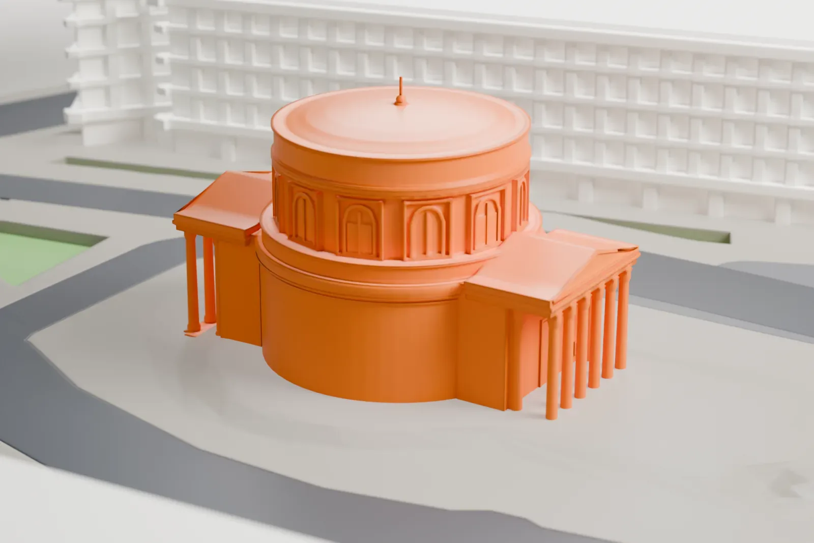 A white 3D print of St. Alexander's Church among the surrounding streets and buildings.