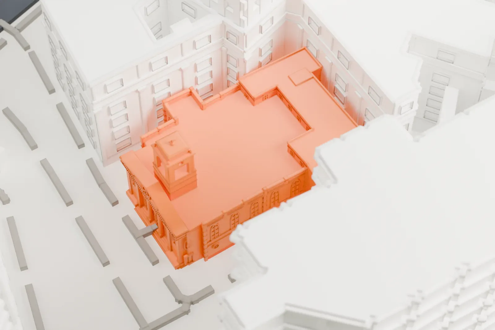 A white 3D print of St. Andrew Church, a small church set among much taller buildings, with park areas and roads nearby.