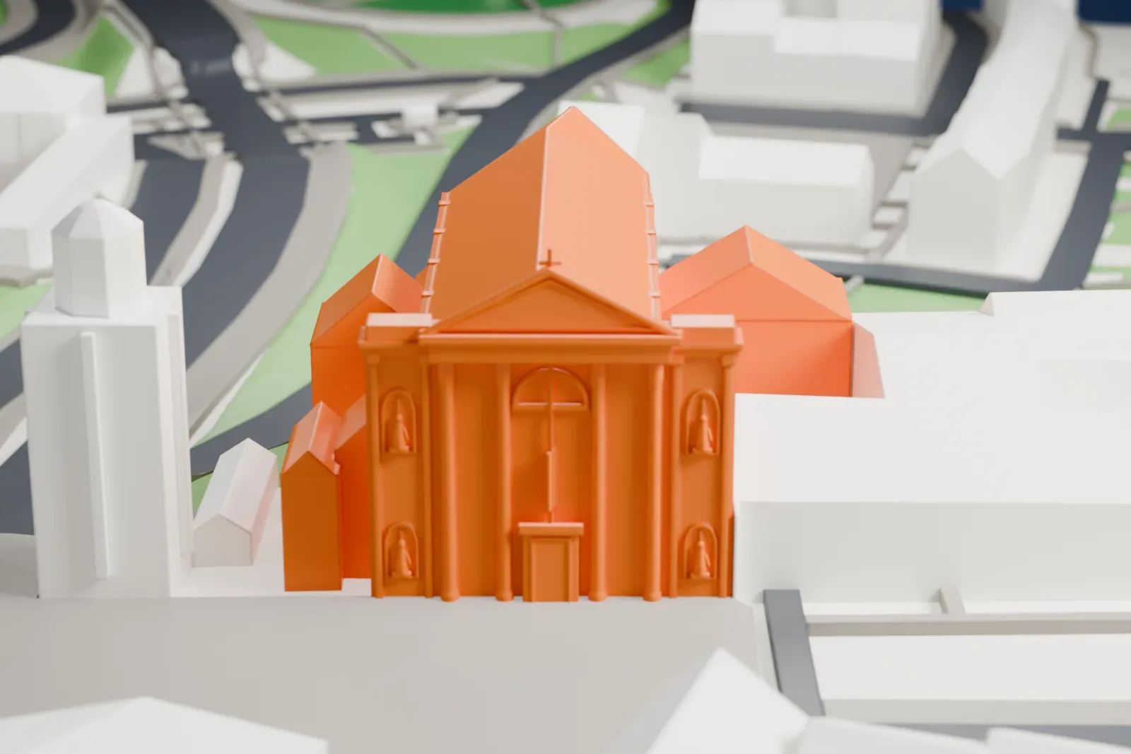 A white 3D print of St. Anne's Church with the surrounding streets and buildings of Warsaw.