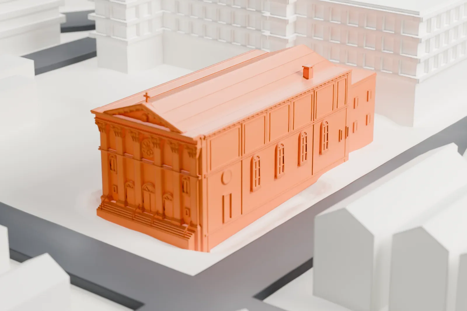 A white 3D print of St. Barnabas' Church in the Bronx, a gabled church with a columned, pedimented front, among streets and smaller buildings.